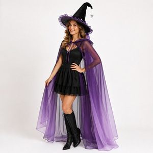 Conjunto <span class=keywords><strong>de</strong></span> Disfraz <span class=keywords><strong>de</strong></span> <span class=keywords><strong>Bruja</strong></span> <span class=keywords><strong>de</strong></span> Halloween, Sombrero <span class=keywords><strong>de</strong></span> <span class=keywords><strong>Bruja</strong></span> Negro <span class=keywords><strong>con</strong></span> Lazo Morado, Capa <span class=keywords><strong>con</strong></span> Capucha <span class=keywords><strong>de</strong></span> <span class=keywords><strong>Tul</strong></span> Morado, Disfraz <span class=keywords><strong>de</strong></span> Mago para Mujeres y Niñas - Product Image 1