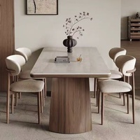 Ensemble de table à manger moderne, luxe léger, écologique, durable, base stable, plateau en bois massif, dalle de quartz, design nordique, 6 assemblés