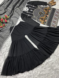 Traje de diseñador étnico moderno pakistaní indio tela de Georgette de imitación pesada Sharara Palazzo Dupatta alto tradicional verano bajo - Product Image 6