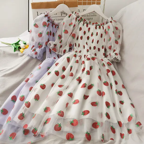 N501 Ladies Cute Strawberry Fruit Print O Neck Lace Mesh A-line Dress Women Girls' Long Dresses Vestido Clothing