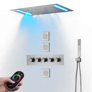 Système de douche pluie noir mat Set14 X 20 pouces grande salle de bain LED pommeau de douche en laiton luxe robinet thermostatique Message pulvérisateur