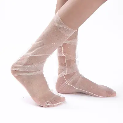 Örgü dantel fırfır elbise tül sırf çorap Glitter yıldız çocuk kız sevimli kadın Ultra şeffaf beyaz pembe çorap renkli moda çorap