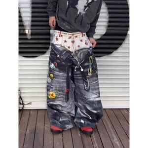 Jeans Vaqueros de Mezclilla con Doble Cintura, Estampado Gráfico, Holgados, Estilo Hip Hop, Patchwork, Retro, Vintage, Personalizados, para Hombre y Mujer - Product Image 3