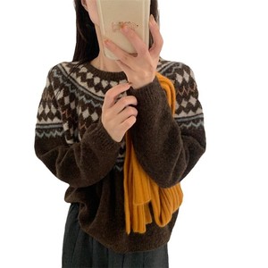เสื้อไหมพรมลาย Fair Isle สำหรับผู้หญิง ฤดูใบไม้ร่วง-ฤดูหนาว ปี 2025 สไตล์วินเทจ ลายเรขาคณิต ทรงคอหลวม สไตล์เกาหลี ชุดฤดูหนาว - Product Image 5
