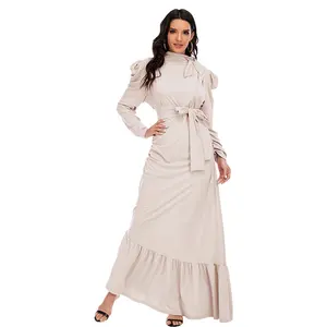 Fashion wholesale Modest Fashion Muslim Turkish Islamic Clothing With Belt Slim Fit Ruffles Women Dress Dubai Abaya