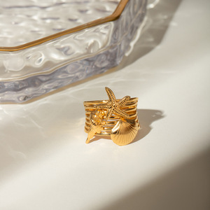 18k Gold Stainless Steel Starfish And Conch Shell <b>Open</b> <b>Ring</b> For Women Elegant Jewelry Gift Accessory - Product Image 2