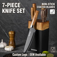 Ensemble de 7 couteaux de chef en acier inoxydable avec revêtement noir, manche en bois grainé, logo personnalisé, étiquette privée, vente en gros