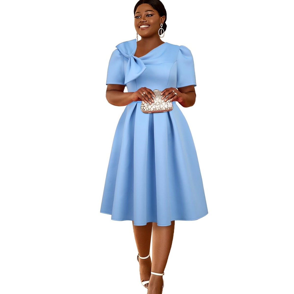 In Stock Blue Short Puffy Dresses Satin Fabric, Shiny Blue Tassel