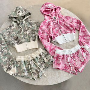 Custom Camo Full Zip up Cropped Hoodie Shorts <strong>Set</strong> for Women Heavy Cotton French Terry High Quality <strong>Embroidery</strong> Patch Women's <strong>Sets</strong> - Product Image 1