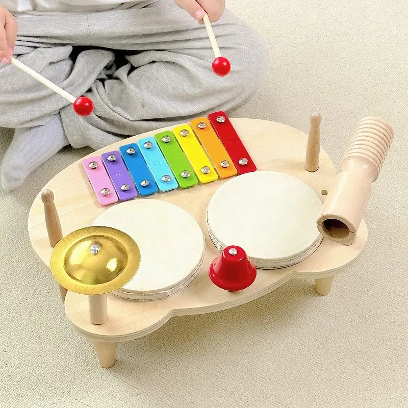 Set alat musik mainan bayi, instrumen musik montessori kayu