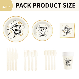 DAMAI New Years Eve Party Supplies Happy New Year Tableware Set <b>Disposable</b> Paper Plates Paper Cup Napkins and Wooden Cutlery - Product Image 6