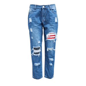 I buchi strappati delle donne europee e americane mostrano <span class=keywords><strong>Jeans</strong></span> e pantaloni sottili stampati a stelle e strisce - Product Image 5