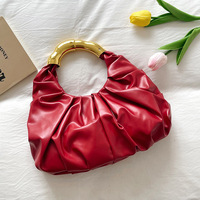 Tas Wanita Lipit Model Cloud dengan Gagang Bambu Logam, Bahan Kulit PU Lembut, Tas Selempang & Jinjing, Clutch Fashion untuk Pesta
