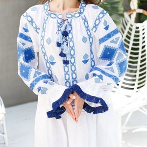 Vestido de Lino y Algodón Bordado Personalizado, Elegante, Cuello Redondo, Casual, Corte en A, Mangas Abullonadas, Midi, Vestido de Verano para Mujer - Product Image 2