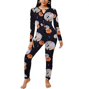Combinaison <span class=keywords><strong>de</strong></span> <span class=keywords><strong>pyjama</strong></span> à manches longues pour femmes, avec boutons, 95% polyester, 5% élasthanne, motif citrouille, crâne, fantôme - Product Image 1