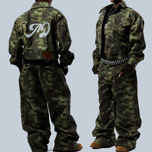 Manufacturer Custom Oversized Heavyweight Denim Jeans <b>Jacket</b> Set Autumn Winter <b>Camo</b> Camouflage Designer Denim Jeans Set Custom - Product Image 2
