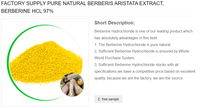 Berberine HCL 97% naturelle en vrac du fabricant, extrait de racine végétale en poudre de qualité alimentaire, conditionnement en bouteille et en fût, Shaanxi