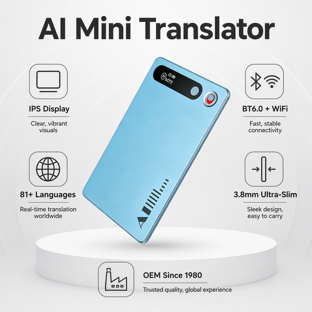AI Smart Mini Translator IPS 8G, 3.8mm Ultra-Slim BT6.0 WiFi, 81+ Languages Offline 24H Recording, OEM Business Meetings