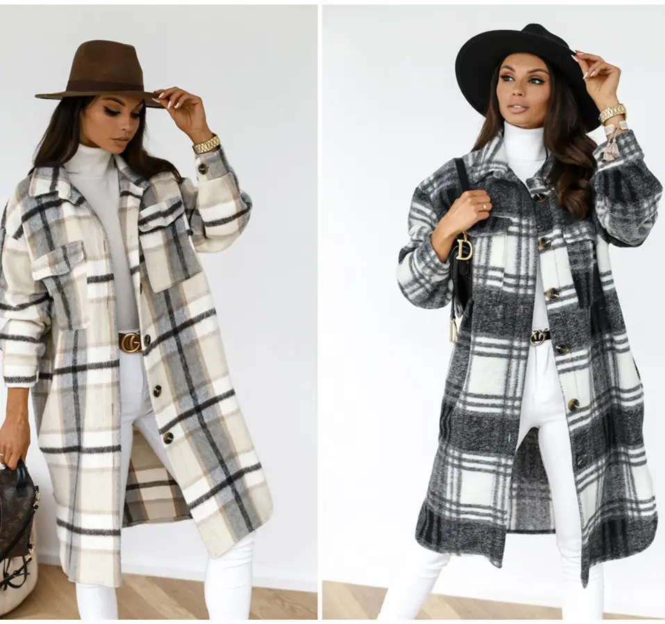 Gabardina de manga larga para mujer, ropa de otoño e invierno, abrigo largo informal de lana a cuadros con solapa y botones