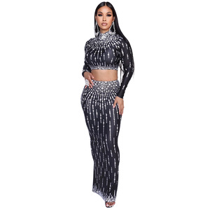 Ensemble 2 pièces sexy pour <span class=keywords><strong>femme</strong></span> : <span class=keywords><strong>robe</strong></span> longue unie à col montant et combinaison en maille ornée de cristaux, style décontracté pour club et été - Product Image 3