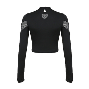 <b>Gothic</b> Mesh Breathable Nylon Crop Long Sleeve T-<b>Shirt</b> Women Grommet Cutout Patchwork Slim Fit Solid Color Streetwear Top - Product Image 6