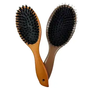 High Quality Private Logo Boar Bristle Hair Brush Wooden Dark Color Natural Hair Comb Brush