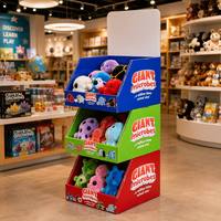 Présentoir de sol en carton personnalisé à 3 niveaux avec bacs ouverts pour peluches et animaux en peluche – Promotion de marque pour magasins de détail