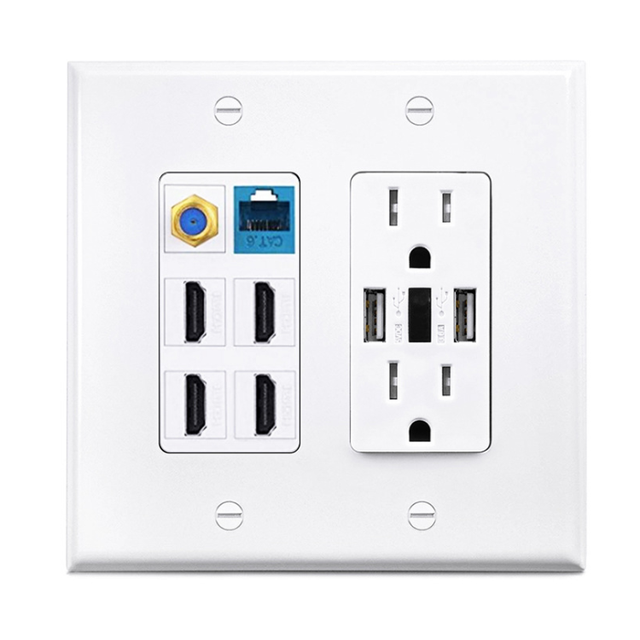 White 2-gang TV F Keystone Jacket Power Outlet Coaxial Usb Wall Plate,face Plates Faceplate CN;ZHE Motion JBFP27 CE ROHS ISO9001