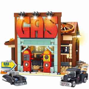 מרכז תיקוני רכב קאובוי סיטי, לבניית דגם רחוב בסגנון רטרו עם תאורה, צעצועי הרכבה חינוכיים לילדים בנים ובנות, עשויים ABS, לגילאים - Product Image 1