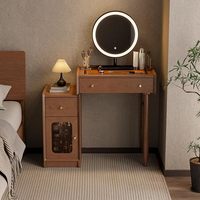 Coiffeuse avec miroir, table de maquillage de style mid-century avec plateau en verre, coiffeuse et table de chevet 2-en-1 avec armoire de rangement pour chambre à coucher