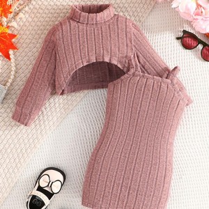 Conjunto de Ropa Casual para Niña, Estilo Boutique, Camiseta de Cuello Alto con Hombros Caídos, Vestido Tipo Camisola, Conjunto de 2 Piezas para Bebés - Product Image 4