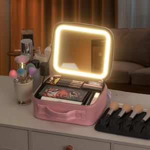 Bolsa de maquillaje portátil con espejo Led, espejo cuadrado de mano, gran capacidad para almacenamiento en el hogar y uso profesional, Color sólido - Product Image 1