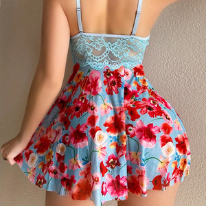 เซ็ตชุดชั้นในเดรสยาวลูกไม้ซีทรูเซ็กซี่พิมพ์ลายดอกไม้ดีไซน์ใหม่ - Product Image 3