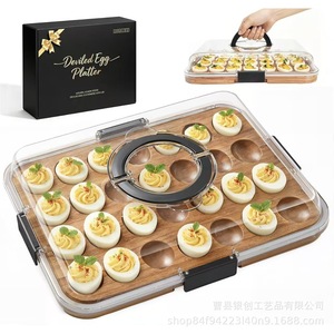 Bandeja para guardar huevos de madera maciza con 28 compartimentos, tapa acrílica con clip para servir bocadillos en fiestas - Product Image 4