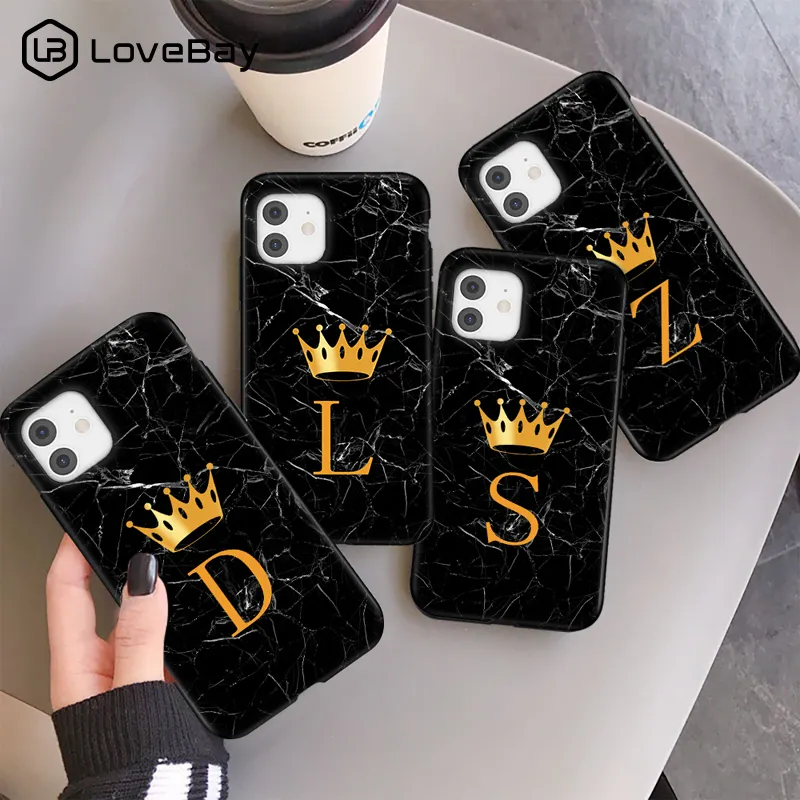 Initial Letter A Z Crown Phone Case For iPhone 11 12 13 Mini Pro Max X XR XS Max 8 7 Plus Marble Texture Couples Soft TPU Cover