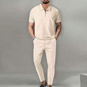 I-0497 Ensemble d'été deux pièces pour homme, style streetwear formel, écologique, couleur unie, col montant, manches courtes, fermeture éclair - Product Image 2