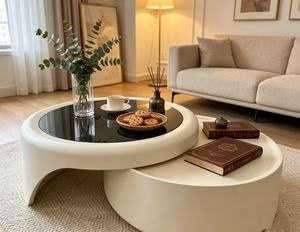Modern Round <b>Resin</b> Coffee <b>Table</b> With Tempered Glass <b>Top</b> Nesting Design Minimalist Living Room Furniture - Product Image 5