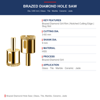 Scie cloche diamantée pour verre électroplaqué, substrat en acier, OEM ODM, logo personnalisé, tailles disponibles