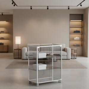 Vitrine encadrée en aluminium 71x37x90 cm blanche avec portes verrouillables en verre trempé, étagères réglables sur roulettes - Product Image 3