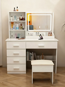 Coiffeuse moderne <span class=keywords><strong>blanche</strong></span> minimaliste avec miroir LED, table de maquillage en bois pour chambre à coucher, meuble de rangement avec panneau - Product Image 1