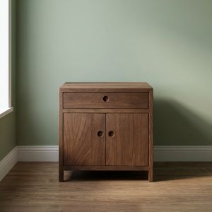 Table de chevet en teck foncé avec 1 tiroir et 2 portes, avec boutons ronds en bois - Product Image 3