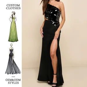 Black One-Shoulder Sequin Cutout Long With Slit Bodycon Dresses Women Party Dresses Maxi Evening Elegant