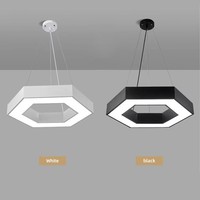 Lampu Gantung LED Heksagonal Persegi Modern, Tinggi Dapat Disesuaikan, Logam Hitam untuk Gedung Perkantoran