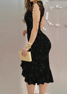 <span class=keywords><strong>Abito</strong></span> <span class=keywords><strong>midi</strong></span> nero con <span class=keywords><strong>paillettes</strong></span> e colletto in pizzo, senza maniche, con orlo asimmetrico, per feste, da donna - Product Image 4