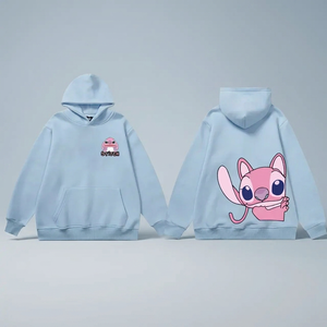 เสื้อฮู้ดดี้สีฟ้าสำหรับผู้หญิงและผู้ชาย รุ่น L ลายการ์ตูนตัวอักษร Stitch Angel Monster ดีไซน์น่ารักสไตล์ฮาราจูกุ พร้อมกระเป๋า - Product Image 2