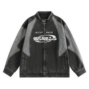 Varsity Jacket Patch For Jacket Denim Distress Printing Racing Zipper Contrast Color Casual Jacket