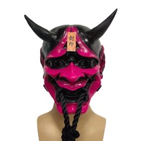 Pendentif japonais avec corde, masque Prajna, accessoire de déguisement en résine et latex, pour fête, visage amusant rouge et noir, corne de vache souple