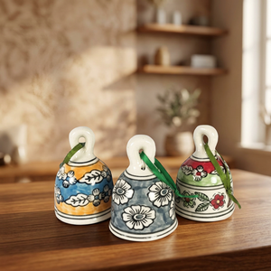 Campana de Cerámica, Decoraciones Navideñas Hechas a Mano, Estilo Tradicional con Cinta, Adorno para Colgar en la Pared, Decoración Interior, Patrón Floral de 3 Colores - Product Image 6