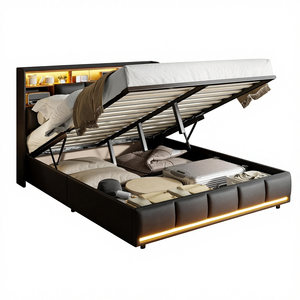 <span class=keywords><strong>Lit</strong></span> de rangement 160x200cm avec éclairage LED, port USB, tête de <span class=keywords><strong>lit</strong></span> rembourrée, rangement en velours noir - Product Image 1