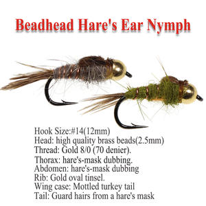Señuelos de Pesca de Mosca Húmeda, Ninfas de Oreja de Conejo con Cabeza de Cuentas de Latón, Doradas, Acanaladas, en Colores Oliva, Gris, Arcoíris, Marrón, Trucha, Grilón - Product Image 2